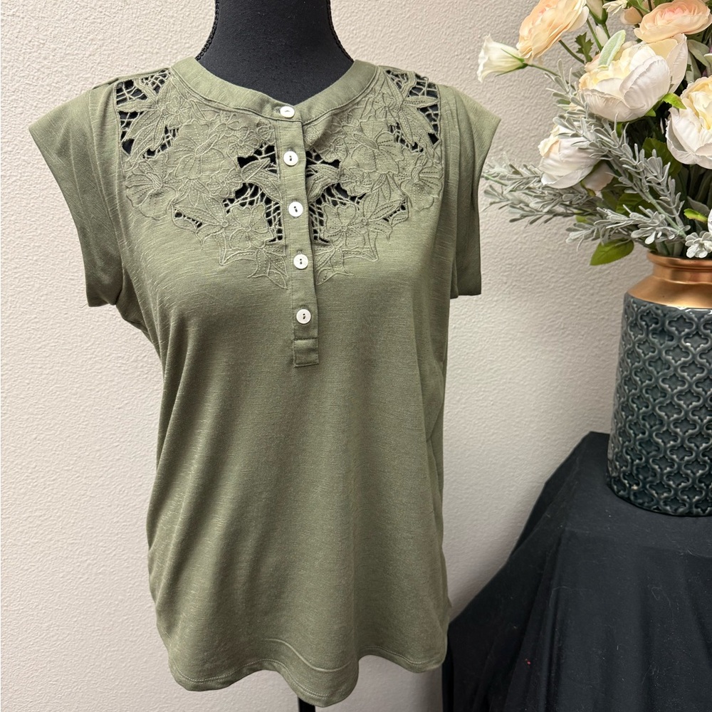 NWT Fyve Olive Lace Henley Tee Boho Crochet Cutout Top Small